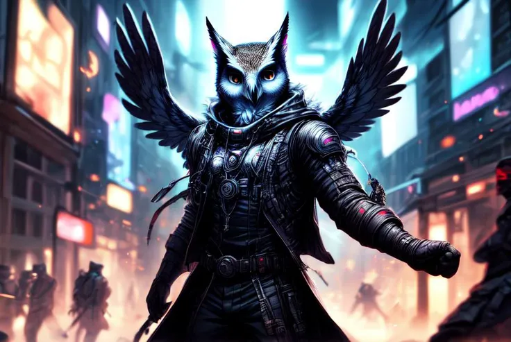 1 male owl, dark cyberpunk, mythology, and science-fiction, orbstaff, <lora:Furtastic_Detailer:0.8>, <lora:more_details:0.8>, <lora:CyberpunkStyleV3:0.7> PunkAI, Masterpiece realistic, best high quality, perfect details, intricate details, nice lighting, detailed background, cinematic shot, dynamic lighting, 75mm, Technicolor, Panavision, cinemascope, sharp focus, fine details, 8k, HDR, realism, realistic, key visual, film still, superb cinematic color grading, depth of field, (anthro:0.1)<lora:DonMT3chW0rldXL-000009:1.0>