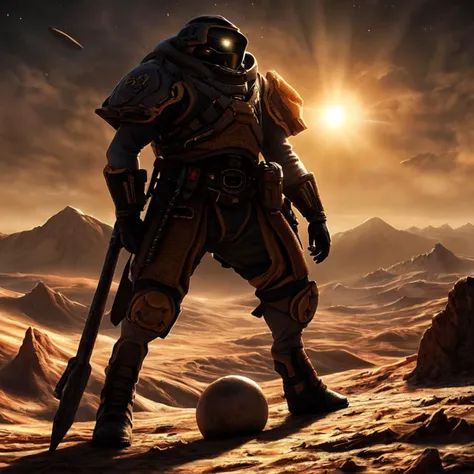 Person standing on a cold and deserted planet, looking at 2 distant suns in the background., Masterpiece realistic, best high quality, perfect details, intricate details, nice lighting, detailed background,