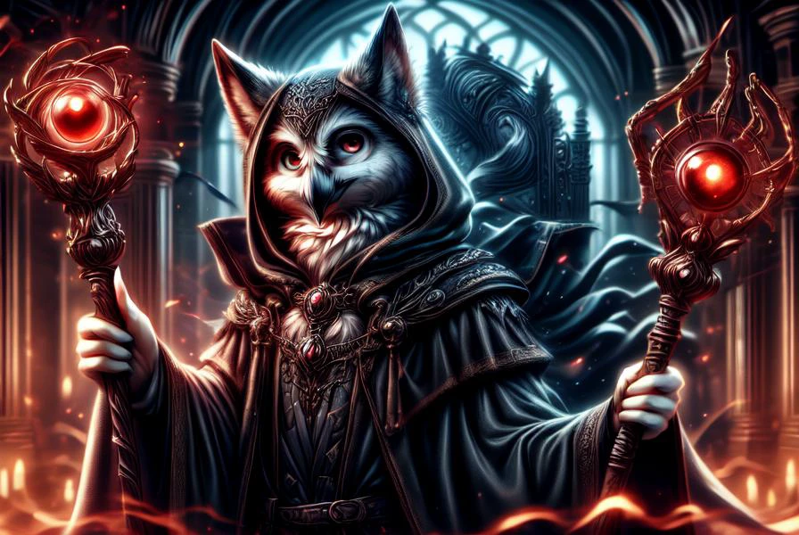 1 male owl, dark fantasy, mythology, and science-fiction, orbstaff, <lora:Furtastic_Detailer:0.8>, <lora:more_details:0.8>, Masterpiece realistic, best high quality, perfect details, intricate details, nice lighting, detailed background, cinematic shot, dynamic lighting, 75mm, Technicolor, Panavision, cinemascope, sharp focus, fine details, 8k, HDR, realism, realistic, key visual, film still, superb cinematic color grading, depth of field, (anthro:0.1)<lora:1.5_Weapon_Orbstaff_-_By_HailoKnight:1.0>