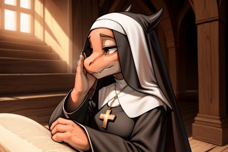 realistic, detailed, masterpiece, best quality,absurd res, hi res, photography, female kobold, dressed as a nun, praying, short stack, cross around neck,