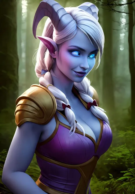 <lora:draenei:0.8>, draenei, 1girl, solo, (((beautiful, masterpiece, best quality,perfect lighting, realistic, ))) purple skin, sexy archer armor, bow, smirk, glowing eyes, forest, power, (( portrait, ))