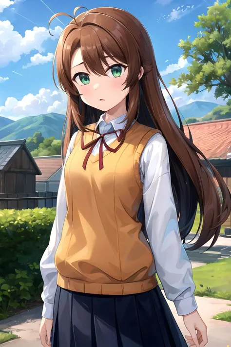 masterpiece, best quality, 1girl, <lyco:Komari-000009:1.0>, koshigaya komari, shirt, sweater vest, neck ribbon, skirt, outdoors, village, nature, sky