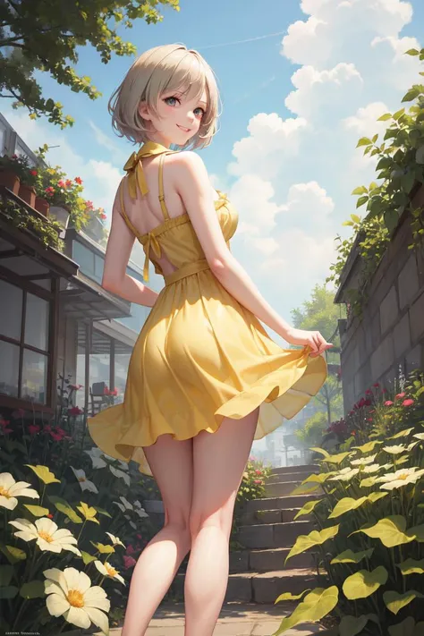 masterpiece, best quality, absurdres, perfect anatomy, 1girl, solo, Ashelia, short hair, from behind, sundress, yellow sundress, garden, day, sunshine, smile, looking back