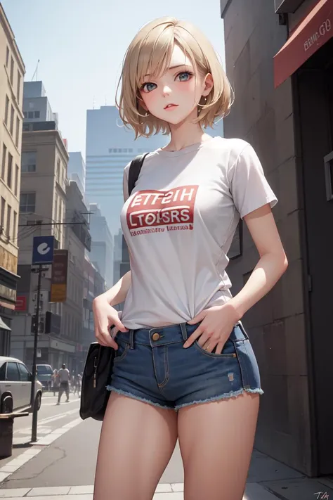 masterpiece, best quality, absurdres, perfect anatomy, 1girl, solo, Ashelia, short hair, blonde hair, t-shirt, denim shorts, standing, outdoors, city, hands in pockets, cowboy shot