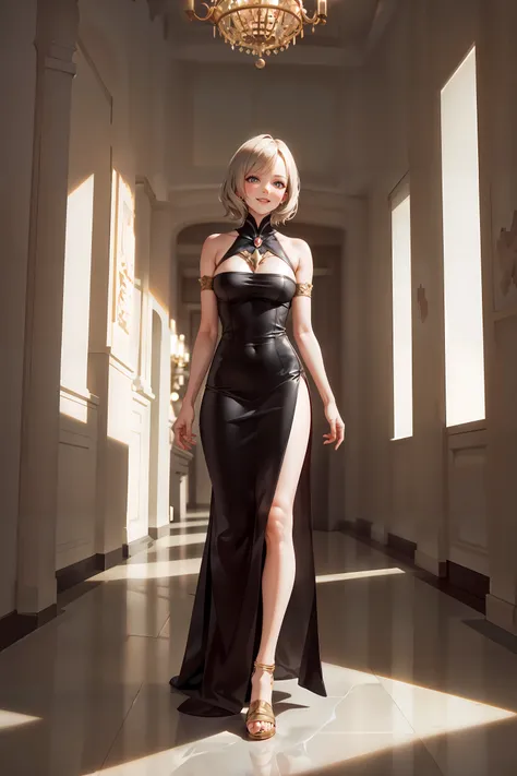 masterpiece, best quality, absurdres, perfect anatomy, 1girl, solo, Ashelia, short hair, elegant, long dress, black dress, halterneck, smile, indoors, reflective floor, ball room
