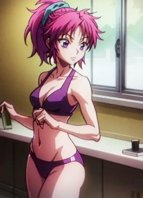 HxHmachi, 1girl, solo, pink hair, (ponytail), collarbone, (medium breasts), navel, violet underwear, (indoor), bathroom, animescreencap, <lora:HxHmachi512:0.75>