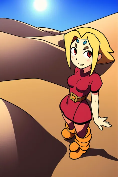 masterpiece, soft shadows, 1girl, fiona \(zoids\:1.10), pink dress, adult, medium breasts, red eyes, blonde hair, forehead mark, hero pose, wind blowing, beautiful, outside, sand, desert, sky, sun, lens flare <lora:FionaZoids:1>