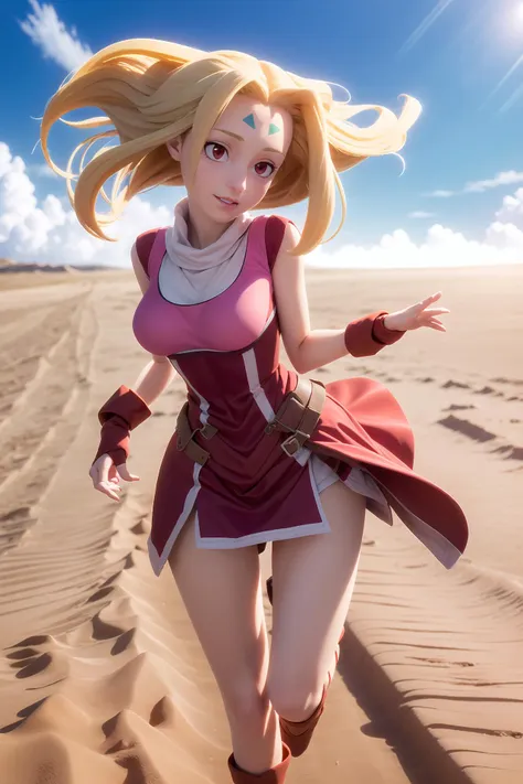 masterpiece, 1girl, fiona \(zoids\), pink dress, adult, medium breasts, red eyes, blonde hair, forehead mark, running on giant robot, wind blowing, beautiful, outside, sand, desert, sky, sun, lens flare
 <lora:FionaZoids:1>