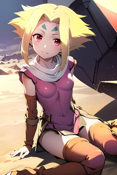 masterpiece, 1girl, fiona \(zoids\), pink dress, young, red eyes, blonde hair, forehead mark, sitting on giant robot, wind blowing, beautiful, outside, sand, desert, sky, sun, lens flare