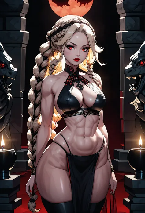 large breasts, 1girl, woman, malevolent goddess, (makeup:1.3),(red lipstick:1), (Glowing Hexagrams,Foreboding statues,Black candles:1.3),At a sacrificial altar under a blood moon, bombshell hair, vivid beige hair, long bombshell hair,Fishtail Braid, thicc athletic build, small breasts, chinese