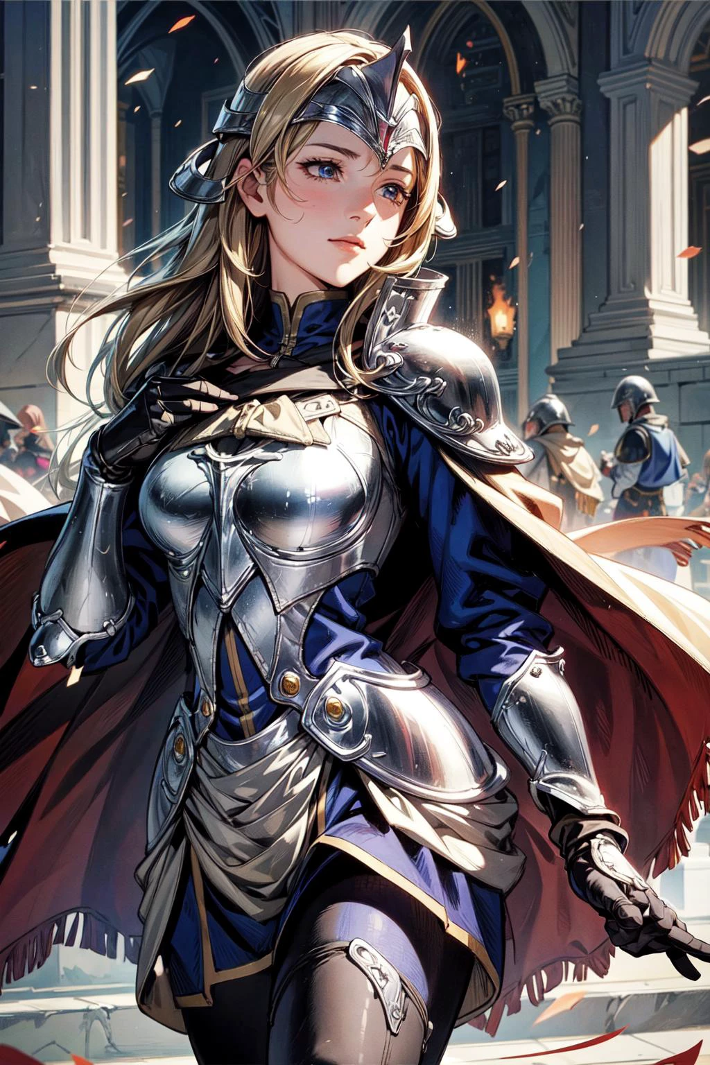 thick outlines, comics, photorealistic, masterpiece:1.2, 1girl, solo, <lora:mathilda-nvwls-v1:0.75>, mathilda, cape, helmet, armor, blue dress, black gloves, pantyhose, medieval, battlefield, detailed background, detailed face, detailed eyes, <lora:add_detail:0.7>