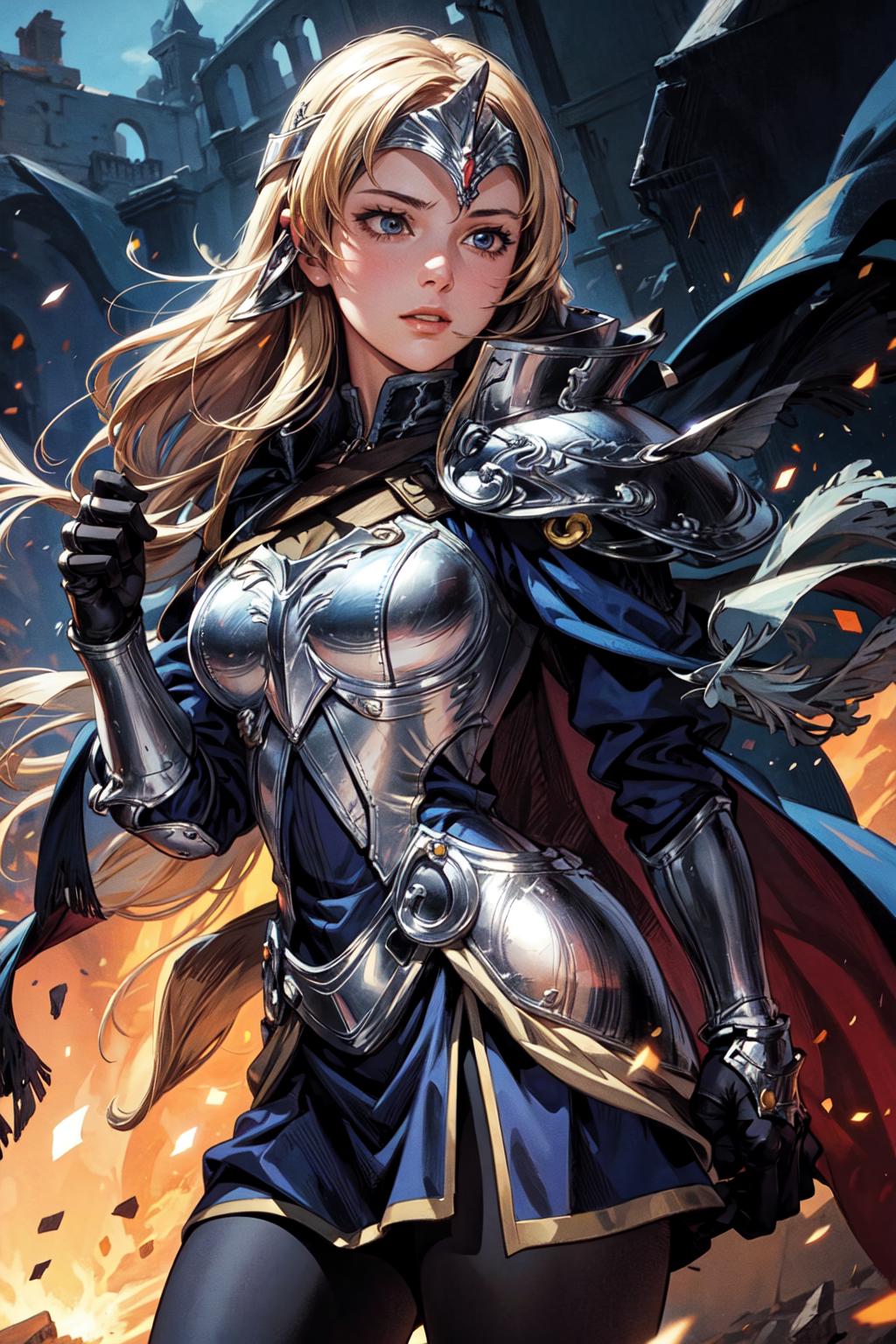 A woman in armor standing in front of a castle - SeaArt AI