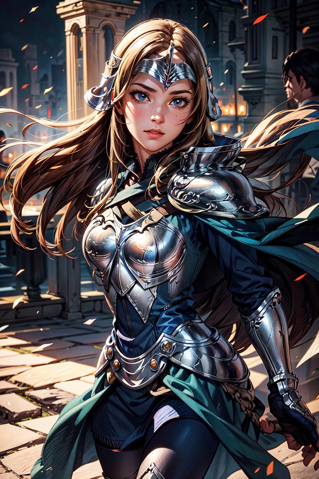 A woman in armor with a sword and a sword in her hand - SeaArt AI