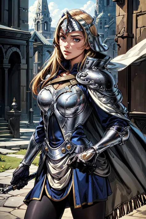 thick outlines, comics, photorealistic, masterpiece:1.2, 1girl, solo, <lora:mathilda-nvwls-v1:0.75>, mathilda, cape, helmet, armor, blue dress, black gloves, pantyhose, medieval, battlefield, detailed background, detailed face, detailed eyes, <lora:add_detail:0.7>