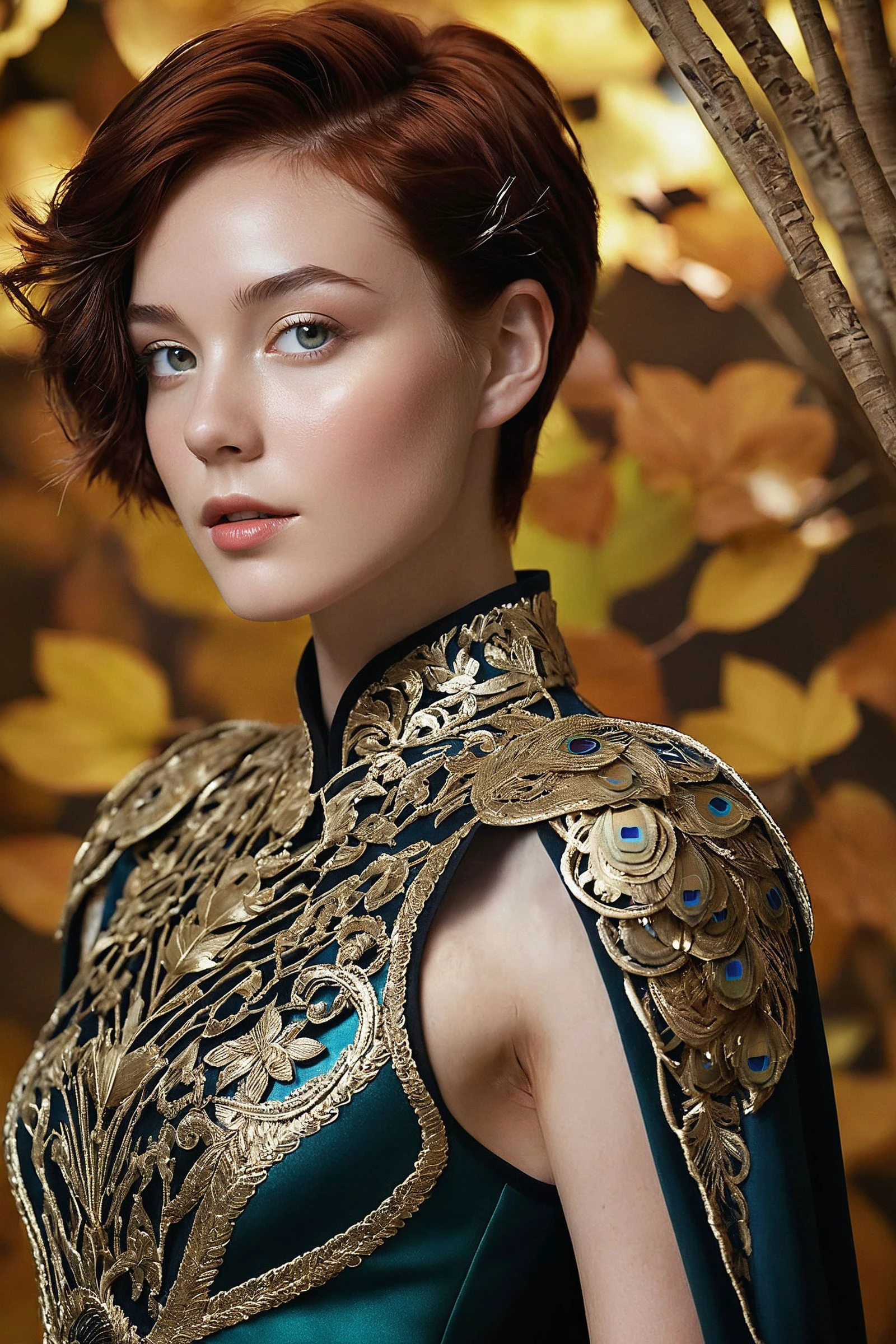 full profile, full body, intricate art deco background, autumn leaves, winter, distant far shot, standing walking pose, (coat, jacket, arms, greaves, pauldrons, art deco:1.3), (peacock cape:1.3), (heavy armor:1.3), (covered in gold etching:1.3), (covered in ornate armor:1.3), stunning, (filigree lace skirt:1.2), hyper realistic, soft shadows,(covered in radiance:1.1), (intricate armor details:1.3), ornate background, celestial theme, intricate filigree armor, glowing filigree princess, intricate art deco architecture background, ethereal powerful wizard, stylish modern hair, short cropped hair, dramatic lighting, deep cosmic power, skin pores, (freckles:0.5), white skin, pale skin, slim, slender, skinny, angelic, analog aesthetic, contrast lighting, hard shadows,