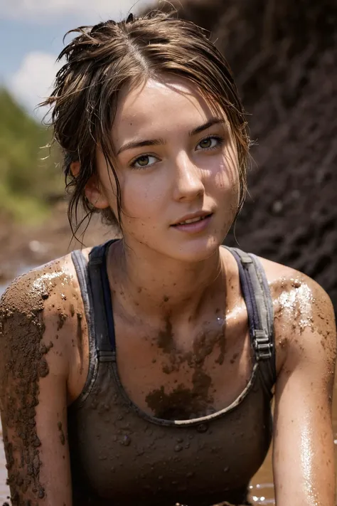 (a muddy Beautiful girl:1.8), (muddy on face:1.8), (muddy on body:1.8), wearing boyshorts, very skinny, skin-tight tank top, midriff, ((muddy)), (muddy on boots), (sunlight, shadow:1.4),
ultra highres, sharpness texture, High detail RAW Photo, detailed face, shallow depth of field, (realistic skin texture:1.4), (freckles, moles:0.4), dslr, film grain, Fujifilm XT3,