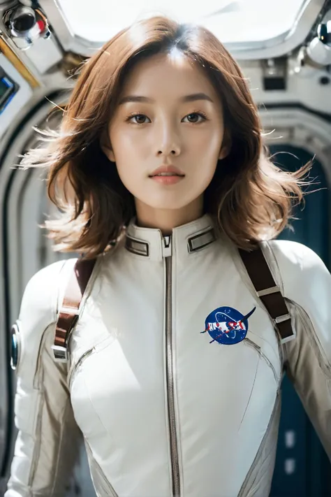 (wearing futuristic astronaut space suit, floating in space station, earth on background:1.4),
ultra highres, sharpness texture, (realistic skin texture:1.2), film grain,