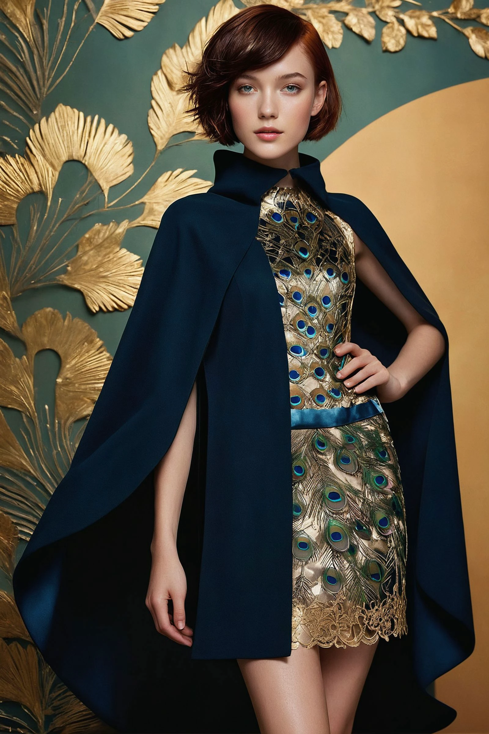 full profile, full body, intricate art deco background, autumn leaves, winter, distant far shot, standing walking pose, (coat, jacket, arms, greaves, pauldrons, art deco:1.3), (peacock cape:1.3), (heavy armor:1.3), (covered in gold etching:1.3), (covered in ornate armor:1.3), stunning, (filigree lace skirt:1.2), hyper realistic, soft shadows,(covered in radiance:1.1), (intricate armor details:1.3), ornate background, celestial theme, intricate filigree armor, glowing filigree princess, intricate art deco architecture background, ethereal powerful wizard, stylish modern hair, short cropped hair, dramatic lighting, deep cosmic power, skin pores, (freckles:0.5), white skin, pale skin, slim, slender, skinny, angelic, analog aesthetic, contrast lighting, hard shadows,