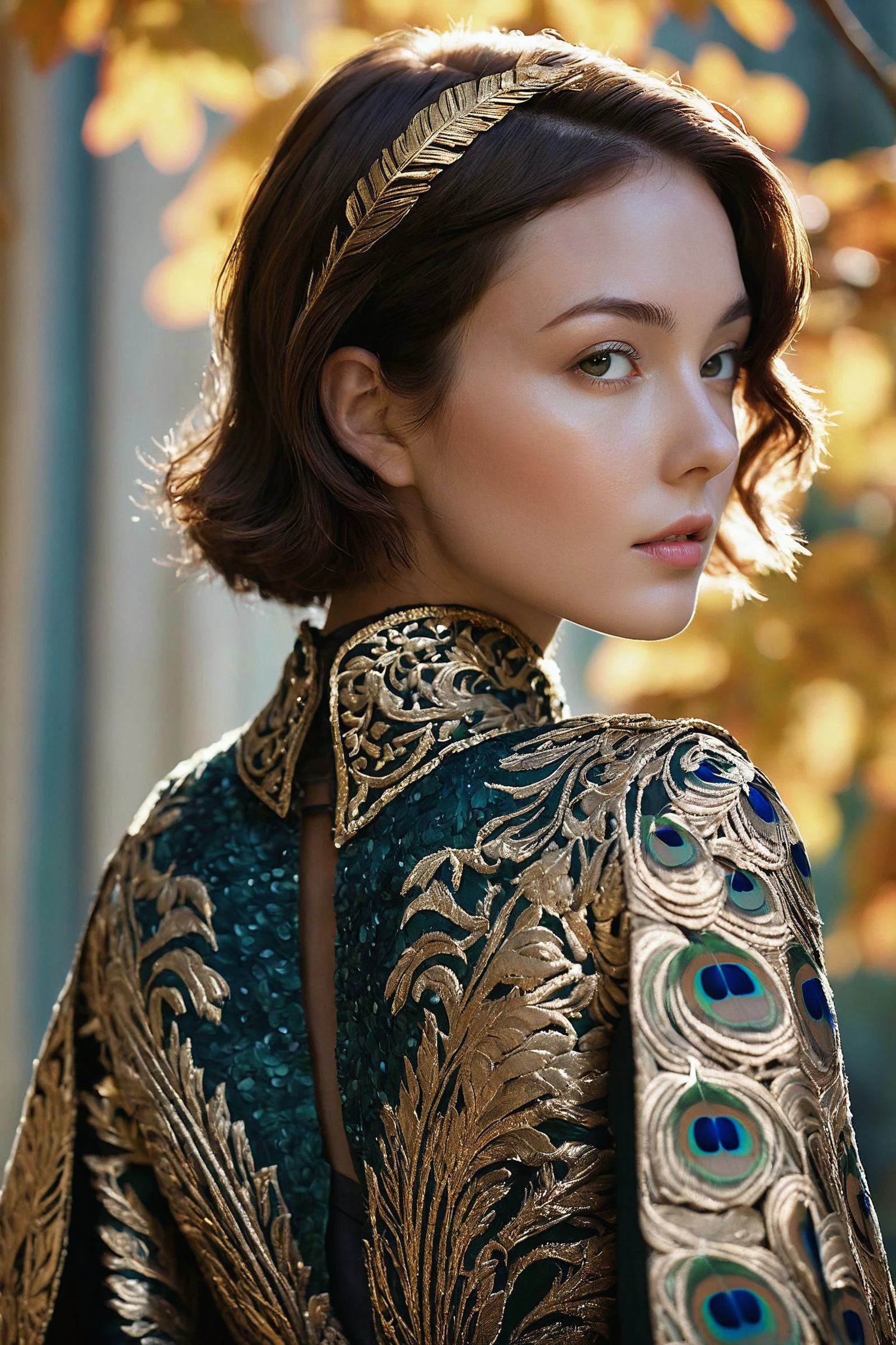 full profile, full body, intricate art deco background, autumn leaves, winter, distant far shot, standing walking pose, (coat, jacket, arms, greaves, pauldrons, art deco:1.3), (peacock cape:1.3), (heavy armor:1.3), (covered in gold etching:1.3), (covered in ornate armor:1.3), stunning, (filigree lace skirt:1.2), hyper realistic, soft shadows,(covered in radiance:1.1), (intricate armor details:1.3), ornate background, celestial theme, intricate filigree armor, glowing filigree princess, intricate art deco architecture background, ethereal powerful wizard, stylish modern hair, short cropped hair, dramatic lighting, deep cosmic power, skin pores, (freckles:0.5), white skin, pale skin, slim, slender, skinny, angelic, analog aesthetic, contrast lighting, hard shadows,
