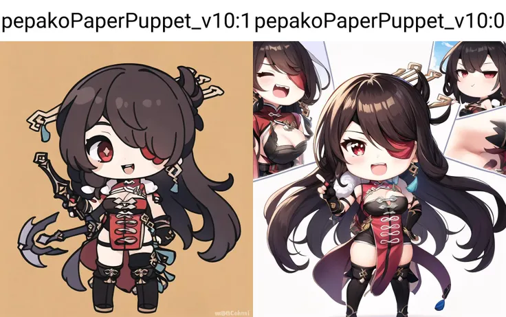 1girl,looking at viewer, (chibi:1.5), standing, (full body:1.3)
1girl, beidou (genshin impact), breasts, solo, eyepatch, hair ornament, thighhighs, open mouth, red eyes, long hair, gloves, cleavage, large breasts, earrings, brown hair, jewelry, smile, fingerless gloves, hairpin, hair stick, sky, dress, red dress, holding, weapon, sword, one eye covered, looking at viewer, chinese clothes, thighs, vision (genshin impact), black gloves, hair over one eye, cloud, fur trim, boots, bangs, thigh boots, clothing cutout, cleavage cutout <lora:beidouGenshinImpact_v10:1>
(white background, simple background,:1.4)
<lora:pepakoPaperPuppet_v10:1:1,1,1,1,1,0,0,1,0,1,1,1,1,1,1,1,1>