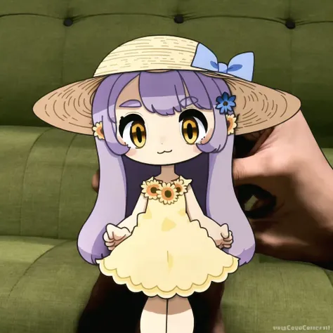 <lora:wasu:1>, pepako, person holding a paper cut doll,
1girl, bare arms, blue ribbon, bouquet, bow, collarbone, dress, flower, grey dress, hat, hat bow, holding, holding bouquet, long dress, long hair, looking at viewer, purple bow, purple hair, ribbon, sleeveless, sleeveless dress, solo, standing, straight hair, straw hat, sun hat, sundress, sunflower, very long hair, yellow eyes, yellow flower, yellow headwear