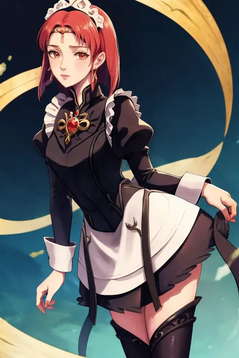 masterpiece, best quality, 1girl, solo, standing, <lora:melady-nvwls-v1:0.9> melady, circlet, earrings, black thighhighs, <lora:FEFatesMaid_v1:1> fates maid, maid, maid headdress, juliet sleeves
