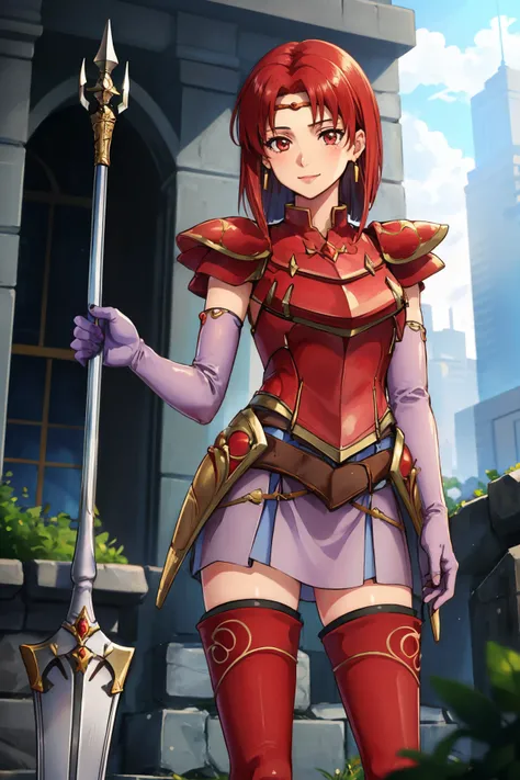 <lora:melady-nvwls-v1:1> melady, circlet, earrings, armored dress, elbow gloves, thigh boots
masterpiece, best quality, absurdres, smile, standing, stone bridge, <lyco:UnlimitedBladeWorks1.6:0.0> spear, holding spear