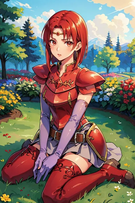 masterpiece, best quality, melady, circlet, earrings, belt, armored dress, elbow gloves, thigh boots, sitting on ground, wariza, flower garden <lora:melady-nvwls-v1-000009:0.9>