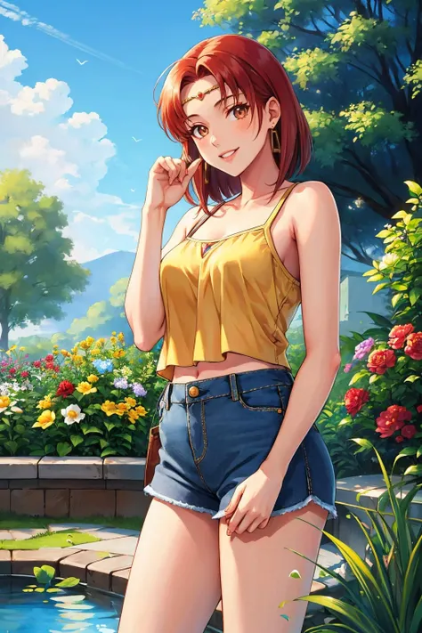 masterpiece, best quality, melady, circlet, earrings, yellow camisole, denim shorts, standing, cowboy shot, garden, pond, smile <lora:melady-nvwls-v1-000009:0.9>