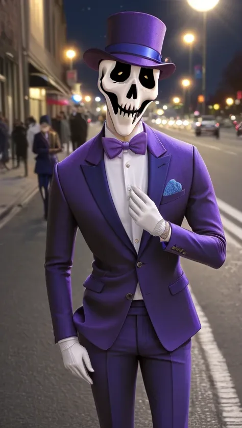 (best quality), (masterpiece), (detailed), (realistic), (the whole body is in the frame), (looks at the viewer), (standing on the street, the night is full moon, the sky is full of stars), 1man, (purple jacket, purple trousers, blue jacket collar, red bow tie, purple hat with blue stripe), yellow pupils, (<lora:Skelli:0.8> Skelli) , <lora:Background_Detail_v3:0.6> <lora:hairdetailer:0.6>, <lora:GoodHands-vanilla:0.6>