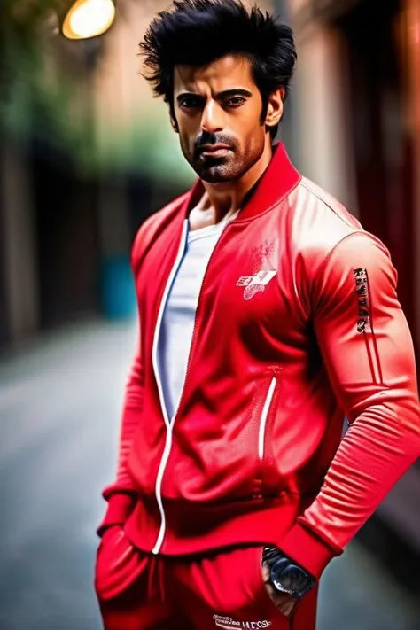 milo ventimiglia a man <lora:ranveer-singh-milo-ventimiglia:1>, realistic photo in a worn ((skin-revealing skimpy erotic red tracksuit, massive hairy pecs)), abs, big pecs, big arms, bulge, VPL, ((light bokeh)), intricate, (steel metal [rust]), elegant, erotic, exuding sexual energy, homoerotic, sharp focus, photo by greg rutkowski, soft lighting, vibrant colors, (masterpiece), ((streets)), (detailed face), looking at viewer, light smile, night, walking towards viewer, cinematic lighting, beautiful lighting, cinematic lighting, (hazy filter, film grain:1.2)