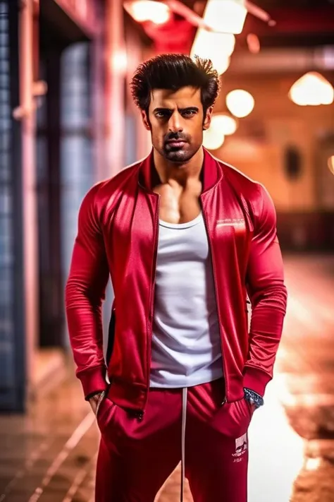 criss angel a man <lora:Mohit-Malik_Criss-Angel-000002:1>, realistic photo in a worn ((skin-revealing skimpy erotic red tracksuit, massive hairy pecs)), abs, big pecs, big arms, bulge, VPL, ((light bokeh)), intricate, (steel metal [rust]), elegant, erotic, exuding sexual energy, homoerotic, sharp focus, photo by greg rutkowski, soft lighting, vibrant colors, (masterpiece), ((streets)), (detailed face), looking at viewer, light smile, night, walking towards viewer, cinematic lighting, beautiful lighting, cinematic lighting, (hazy filter, film grain:1.2)