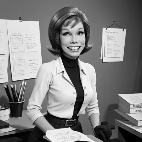 1girl standing in an office smiling <lora:MTM:1> MaryTylerMoore, black and white