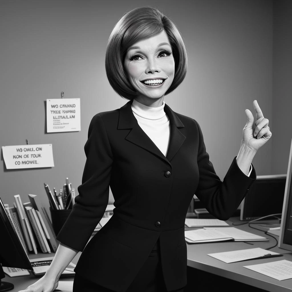 1girl standing in an office smiling <lora:MTM:1> MaryTylerMoore, black and white