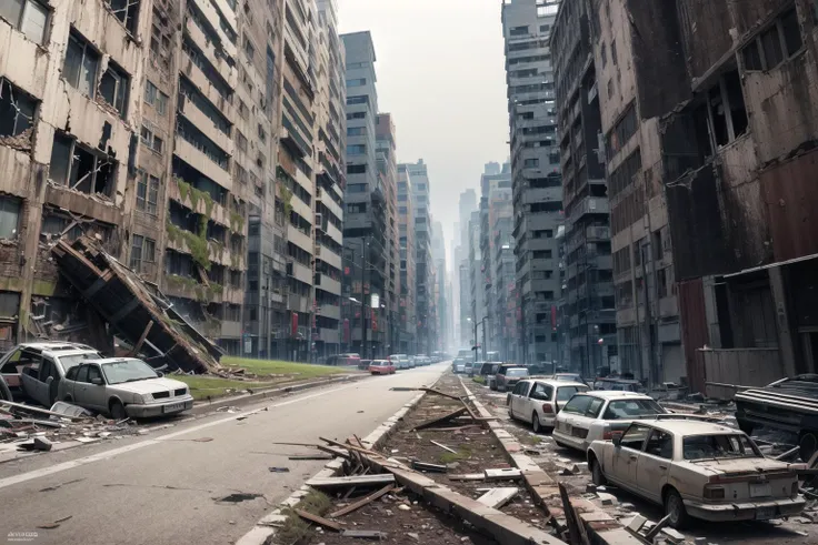 (masterpiece, best quality, excellent quality, extremely detailed), ((post apocalypse)), collapsed city, (collapsed skyscrapers), broken buildings, collapsed buildings, broken trees, broken cars, moss, broken pavement,