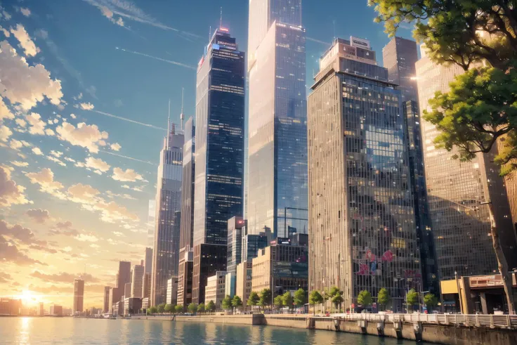 (masterpiece, best quality, excellent quality, extremely detailed), sky, city, (skyscrapers), beach, trees, pavement, lens flare,