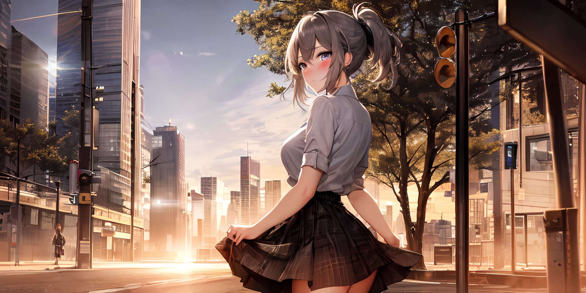 (masterpiece, best quality, excellent quality), ((solo female, solo)), sky, city, town, railroad crossing, (skyscrapers), trees, pavement, lens flare, sunset, cloudy, finely detailed, beautiful eyes and detailed, grey tight line miniskirt,
face, light particle, blush, ponytail hair, student,