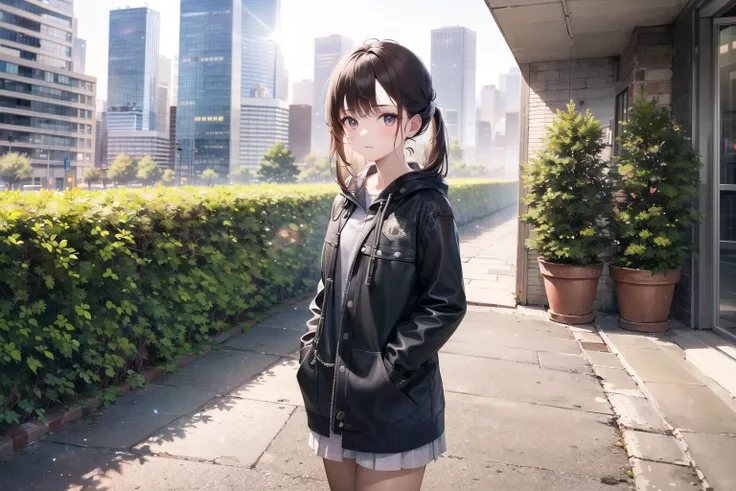 (masterpiece, excellent quality, high quality, highres : 1.5), (1girl, solo), solo focus, sky, city, skyscrapers, pavement, trees, lens flare,