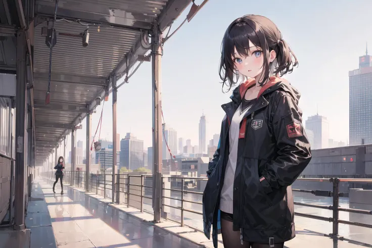 (masterpiece, excellent quality, high quality), (1girl, solo, cowboy shot), looking at viewer, sky, city, skyscrapers, pavement, trees