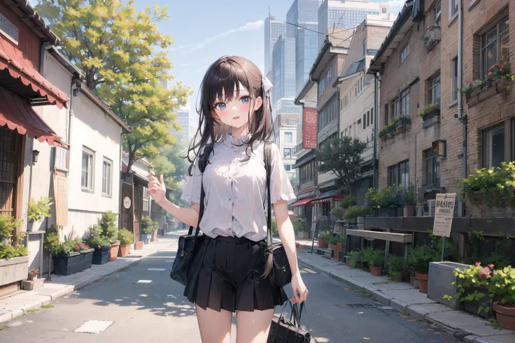 (masterpiece, excellent quality, high quality), (1girl, solo, cowboy shot), looking at viewer, sky, city, skyscrapers, pavement, trees