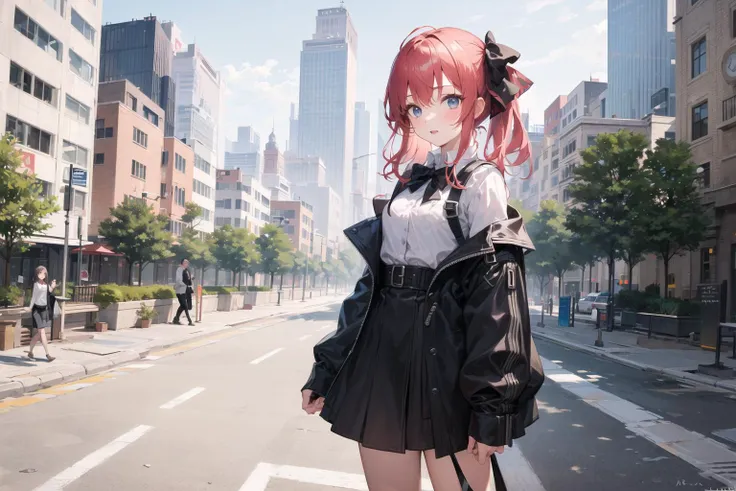 (masterpiece, excellent quality, high quality), (1girl, solo, cowboy shot), looking at viewer, sky, city, skyscrapers, pavement, trees