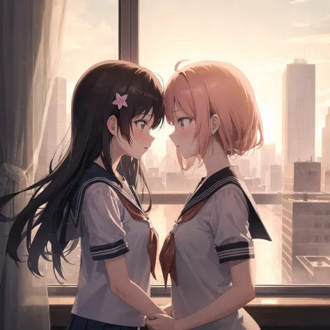 (best quality masterpiece:1.2) 8k (detailed shoujo manga style:1.4) 2girls, beautiful, absurdres, school uniform, yuri, serafuku, eye contact, school window sunset lighting city, (skyscrapers)