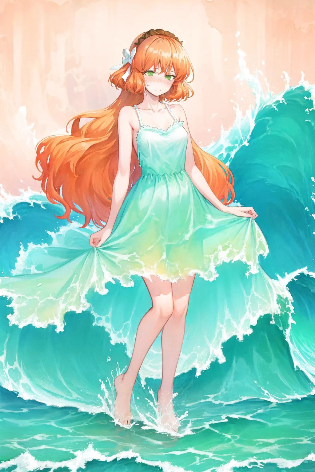 (masterpiece, best quality), ((long hair, frown)), sitting, <lora:add_detail:0.1>, (1girl, solo), Ishmael_limbus, <lora:ishmaelLimbusCompany_v1:1>, orange hair, detailed face, close up, bare arms, bare shoulders, collarbone, watercolor, full body, standing, sundress, liquid clothes, water, waves, tsunami, tide, sea, water dress, <lora:LiquidClothesV1:1>