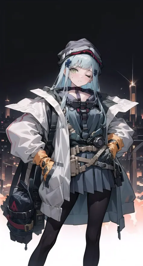 clukay, 1girl, solo, sleeping, skirt, gloves, pantyhose,hands on hips, grenade, teardrop, explosive, cityscape, jacket, looking at viewer, beanie, <lora:outfit-clukay-pynoise:1>