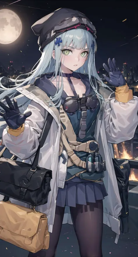 clukay, 1girl, solo, waving, skirt, gloves, pantyhose, bag, grenade, teardrop, explosive, cityscape, jacket, looking at viewer, beanie, <lora:outfit-clukay-pynoise:1>