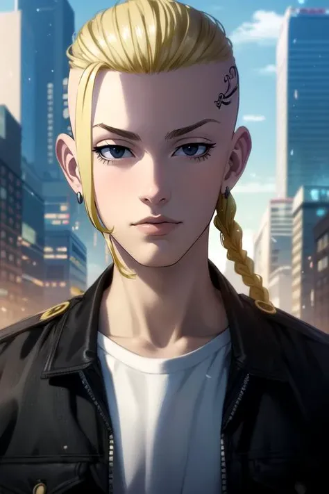 (best quality:1.1), (masterpiece:1.4), wallpaper, looking at viewer, , depth of field, anime coloring, realistic, 1boy, solo, male focus, <lora:ken_ryuuguuji:0.84>, ken_ryuuguuji, blonde hair, black eyes, single braid, , , uniform, , cyberpunk,