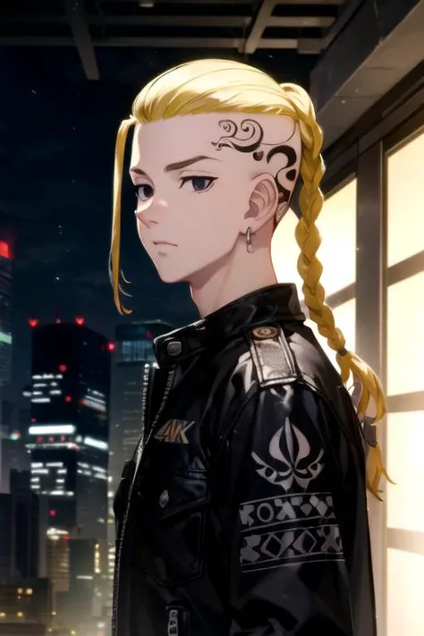 photorealistic, (4k), depth of field, (Masterpiece), (realistic skin texture), extremely detailed, intricate, hyper detailed, high resolution, professional photography, , depth of field, sharp detail, best quality, , 1boy, solo, male focus, <lora:ken_ryuuguuji:0.84>, ken_ryuuguuji, blonde hair, black eyes, braided ponytail, tattoo, , jacket, , science fiction cyberpunk,