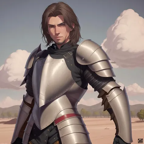 ((best quality)), ((masterpiece)), ((realistic)), handsome man, (((full plate armor))), (((black clothes))), brown hair, intricate details, highly detailed, sharp focus, digital render, professional, 4k, artstation, artgerm