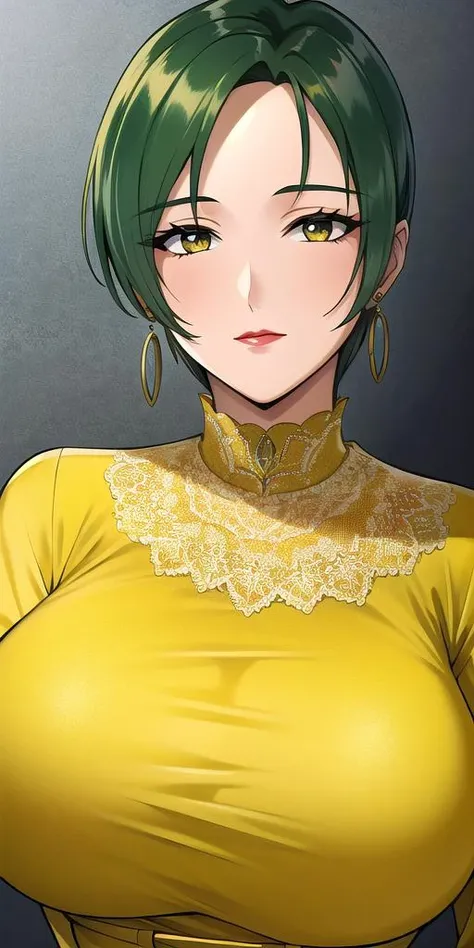 One girl, Simple Background, Short Hair, Large Breasts,  Nipples, pajamas, Yellow green