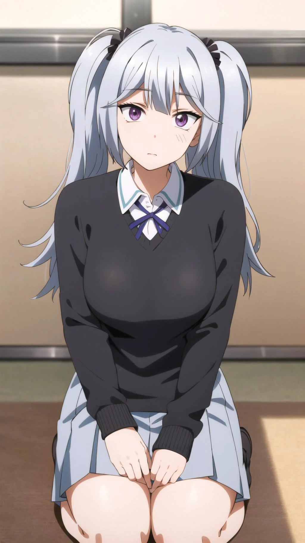 masterpiece, best quality, highres, BREAK, masterpiece, best quality, highres, BREAK
,relaxed face,, , god's eye view, seiza,, ,BREAK, <lora:tama-dfrag:0.8>, tama sakai, school uniform, sweater,
,